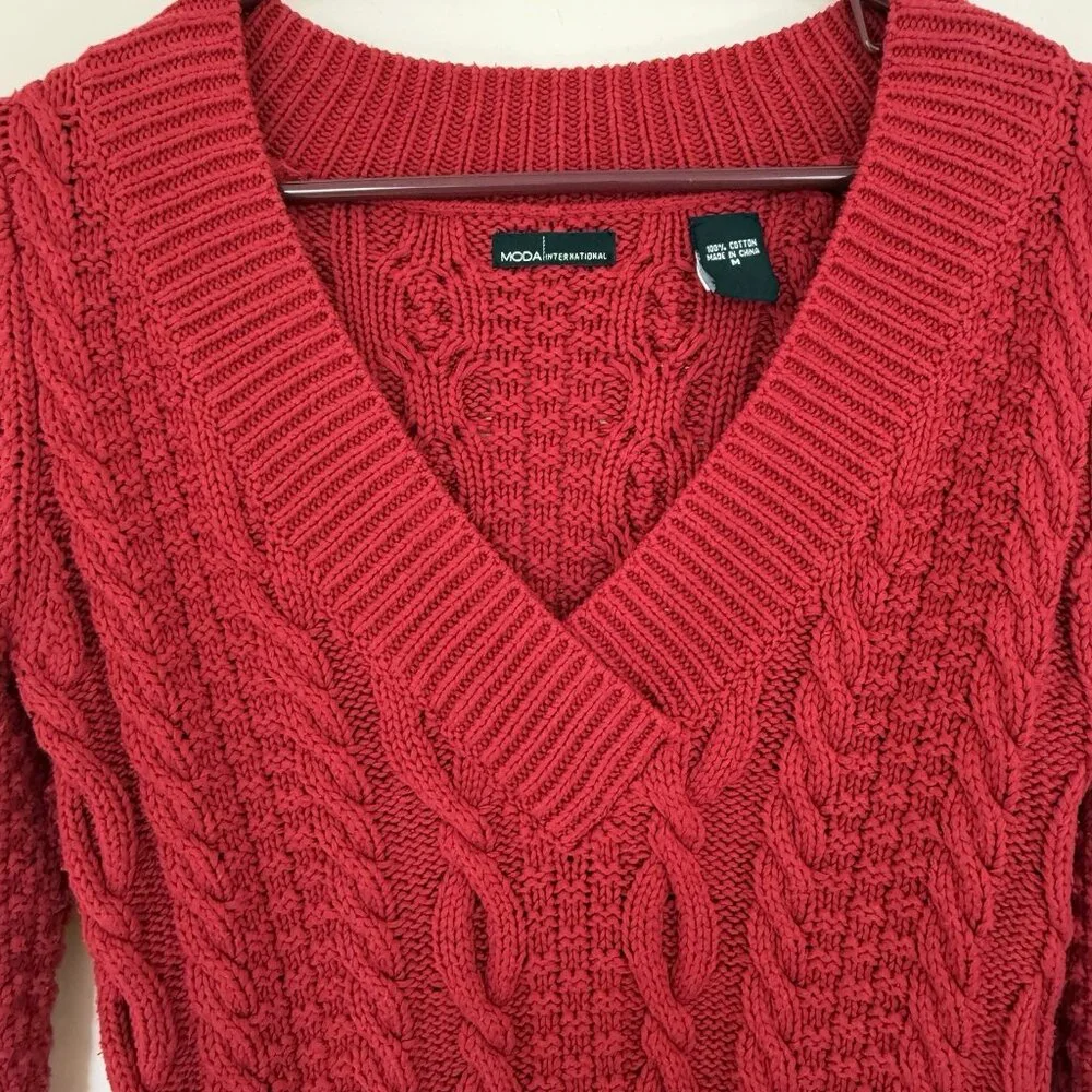 Vtg Moda Y2K Cable Knit Sweater Jumper M Red Cotton V-Neck Long Sleeve Fisherman